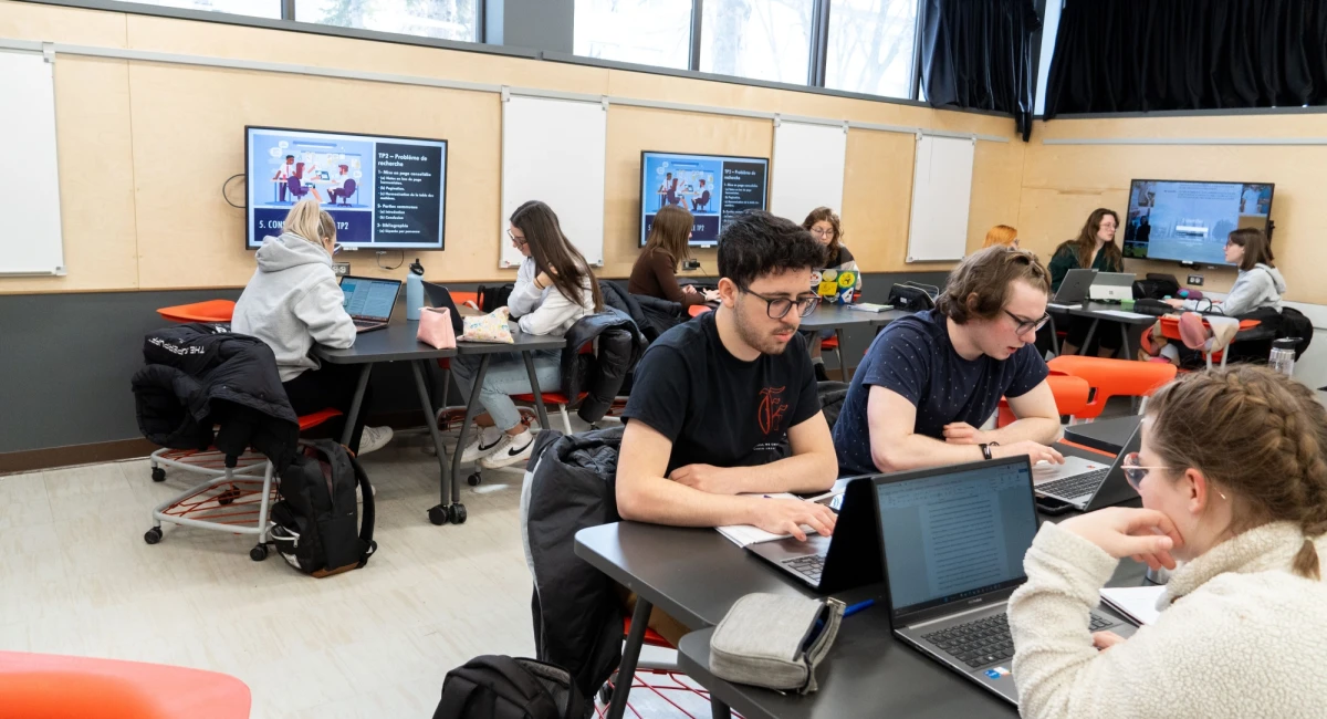 Étudiantes et étudiants en Sciences humaines du Cégep Marie-Victorin dans une classe interactive. Ils travaillent sur un projet, en groupe.